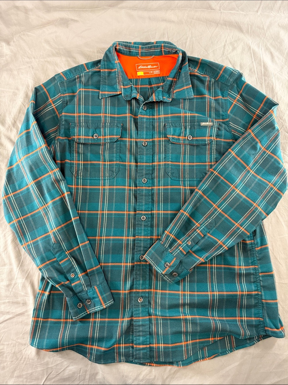 Eddie Bauer Teal Plaid Shirt with Orange Accents